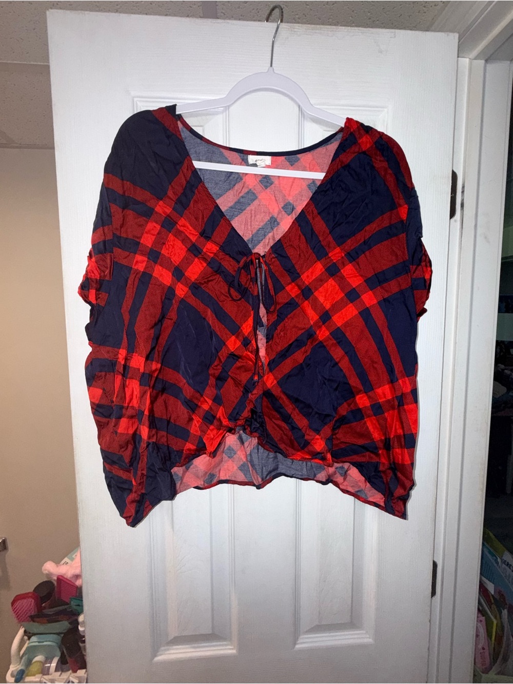 aerie Red and Navy Plaid Tie-Front Blouse